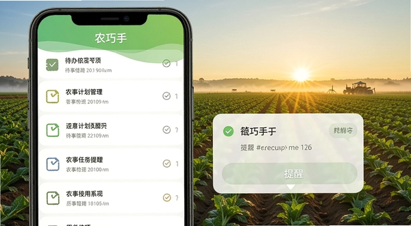 农巧手任务提醒功能界面,手机屏幕显示待办事项列表与提醒弹窗,背景为清晨农田与初升太阳,画面清新明亮,体现农事计划管理