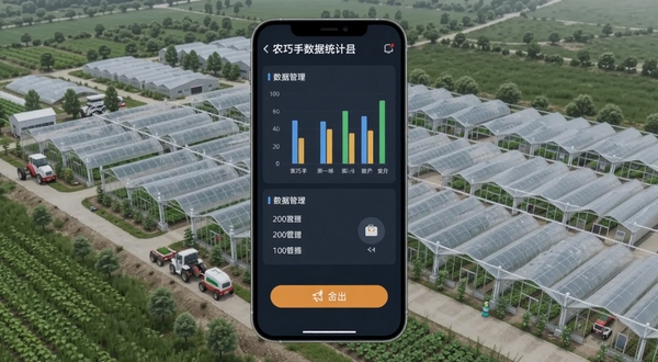 农巧手数据统计界面,手机屏幕展示柱状图与数据导出按钮,背景为现代化农业园区俯瞰图,画面简洁专业,突出数据管理功能