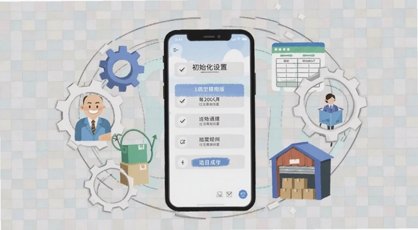 经营通经销版操作引导页面截图风格插画,画面中央为手机屏幕显示初始化设置步骤,周围环绕齿轮、表格、仓库图标等元素,背景为浅灰色网格纹理,整体风格简洁扁平化,适配Boogu模型生成