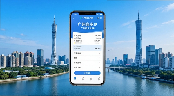 广州自来水APP官方界面展示,画面主体为手机屏幕显示水费查询页面,坐标居中,背景为广州城市天际线与珠江景观,整体色调清新蓝色,突出水务服务主题