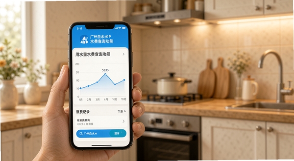广州自来水APP水费查询功能展示,手机屏幕显示用水量折线图和缴费记录列表,背景为温馨家庭厨房场景,光线柔和,体现智能生活气息