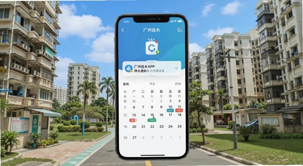 广州自来水APP停水通知推送界面,手机屏幕显示通知弹窗和日历标记,背景为广州居民小区外景,蓝天白云,画面明亮简洁