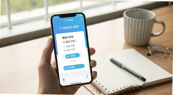 广州自来水APP操作教程示意图,手机屏幕显示绑定户号步骤截图,背景为书桌场景,有笔记本和水杯,光线自然,风格清新