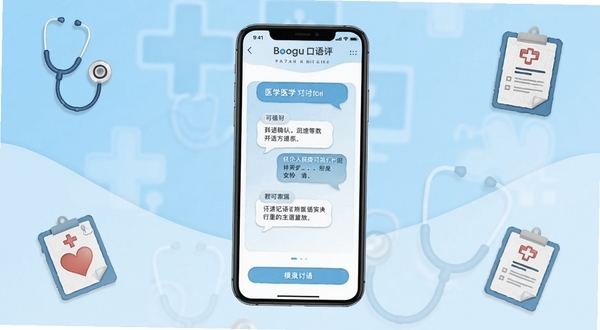 医行口语软件主界面全貌展示,画面中央为手机竖屏界面,显示医学英语对话练习模块,背景区域为浅蓝色渐变医疗主题色调,周围点缀听诊器、病历夹等医疗元素图标,整体风格清爽专业,适配Boogu模型生成