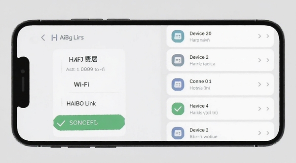 HAIBO Link �������ý����ͼ������չʾ�ֻ���Ļ�ϵ� Wi-Fi ����״̬���豸�б��������࣬����ɫ�Թ���ʶ��ʾ���ӳɹ�������Ϊ����ɫ������ Boogu ģ������