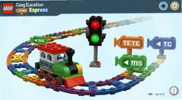 LEGO Education Coding Express 软件界面截图风格,展示小火车在彩色轨道上行驶,前方有红绿信号灯和积木拼成的指令块,卡通风格,色彩鲜艳,适合作为功能介绍配图