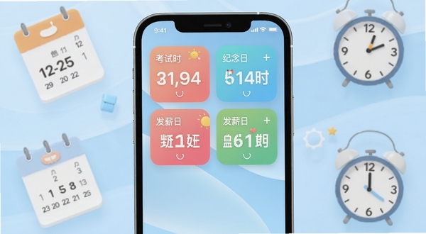 小盼头倒计时软件主界面展示,画面中央是手机桌面布局,上方区域放置多个倒计时小组件卡片,分别显示考试倒计时、纪念日、发薪日等不同彩色卡片,背景区域为浅蓝色渐变壁纸,周围点缀日历和时钟元素,整体风格清新简洁,适配Boogu模型生成