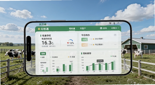 元牧通APP主界面在手机屏幕上清晰展示,画面中央是牧场管理仪表盘,包含牲畜存栏数据、今日待办提醒和饲料库存图表,背景是蓝天白云下的现代化牧场场景,绿色与白色为主色调,界面元素简洁直观,整体风格清新专业,适配Boogu模型生成
