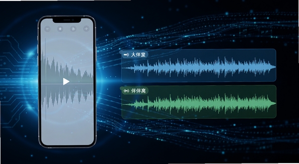 来音伴奏AI人声分离功能展示图,画面左侧是一部智能手机,右侧是分离后的两条音频波形轨道,一条标注人声、一条标注伴奏,背景有科技感的蓝色光效和流动的数据线条,整体呈现智能音频处理的视觉效果