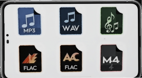 来音伴奏音频格式支持界面,画面展示手机屏幕上排列着MP3、WAV、AAC、FLAC、M4A等格式图标,每个图标带有对应的音乐符号,背景为浅灰色极简风格,突出格式多样性和兼容性