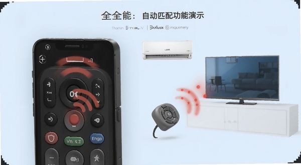 万能空调电视遥控器全能王自动匹配功能演示,手机屏幕显示正在发送红外信号的动画效果,画面中有空调和电视接收信号的示意元素,背景为简约的浅蓝色调,突出智能匹配的便捷性