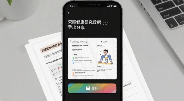 荣耀健康研究数据导出分享界面,手机屏幕显示导出按钮与报告预览,背景为浅灰色办公桌面,画面中央突出手机与报告,适配Boogu模型生成