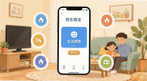 民生宝应用主界面展示,手机屏幕中央是生活缴费入口,周围环绕水电燃气图标,背景是温馨的家庭场景,扁平化设计风格,色彩明亮柔和