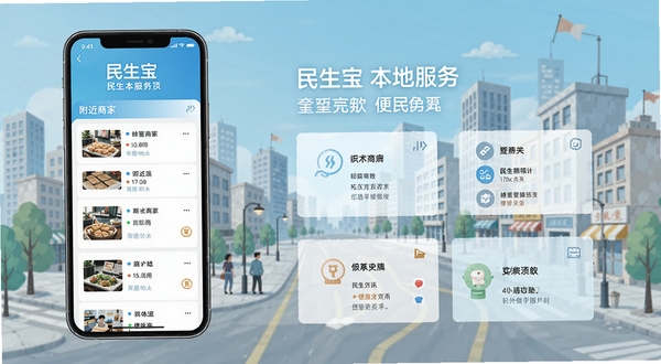 民生宝本地服务页面,手机屏幕显示附近商家列表和便民资讯卡片,背景是城市街区插画,风格简洁现代