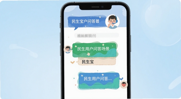 民生宝用户问答场景,手机屏幕显示问答对话框和客服头像,背景是淡蓝色渐变,扁平插画风格