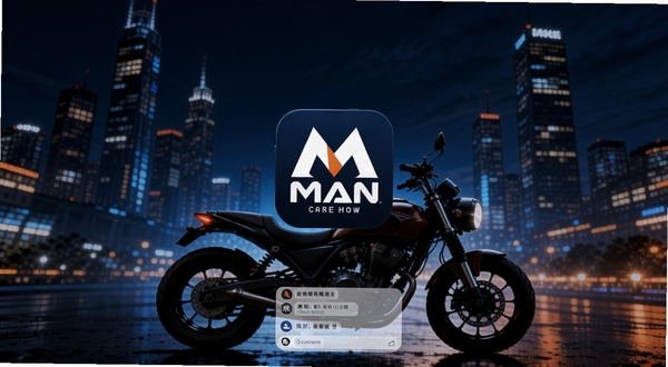 MAN共享摩托 手机应用主界面背景是城市夜景 前景是摩托车剪影 画面中央展示软件Logo和社区聊天界面 色彩以深蓝和橙色为主 科技感与机车文化融合 高清渲染