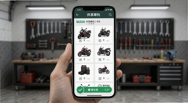 MAN共享摩托 二手交易板块界面 手机展示摩托车列表和配件商品 背景是车库和工具墙 风格简洁明亮 突出交易可信感