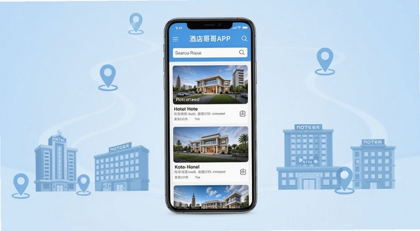 酒店哥哥APP首页界面展示,画面中央为手机屏幕,屏幕内显示酒店列表与搜索栏,背景为浅蓝色渐变,四周点缀酒店建筑剪影与定位图标,整体风格简洁商务,适配Boogu模型生成