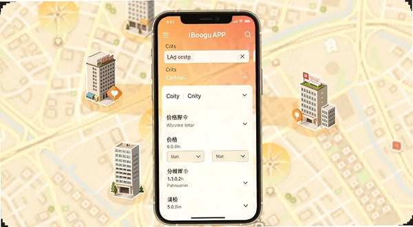 酒店哥哥APP酒店搜索界面,手机屏幕显示城市选择与价格筛选条件,背景为城市地图与酒店建筑图标,色调温暖明亮,适配Boogu模型生成