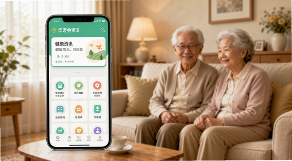 华寿会软件主界面全貌展示,画面中心为手机屏幕,屏幕内呈现健康资讯卡片与功能图标网格,背景为温暖的家庭客厅场景,色调柔和明亮,突出中老年用户友好设计,高清细节,扁平化风格