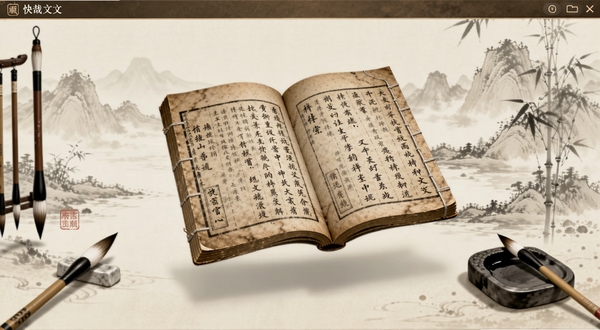 快哉文言文软件主界面展示,画面中央悬浮着一本展开的线装古籍,书页上隐约可见古文批注,背景是淡雅的山水墨画风格,四周点缀着毛笔与砚台,整体色调为古铜色与米白色,适配Boogu模型生成