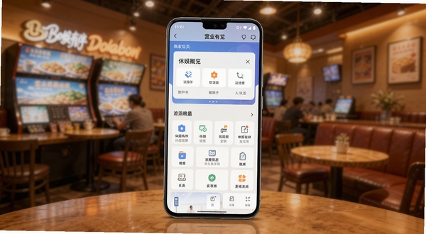休娱有伴商家版应用界面全景展示,主体为一部竖屏安卓手机居中放置,屏幕内呈现商家后台首页的营业概览卡片与功能入口网格,背景为暖色调的休闲娱乐场所虚化场景,画面风格清爽商务,细节清晰,适配Boogu模型生成