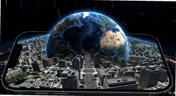 3D卫星高清街景地图 手机屏幕显示三维地球与城市街景融合画面 主体为旋转地球与街道实景 背景为深空星轨与城市光点 科技感 高清写实
