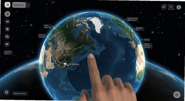 3D卫星高清街景地图 三维地球界面 手指正在旋转地球 表面显示绿色植被和蓝色海洋 背景为星空 屏幕周围有地名标签 简洁现代UI