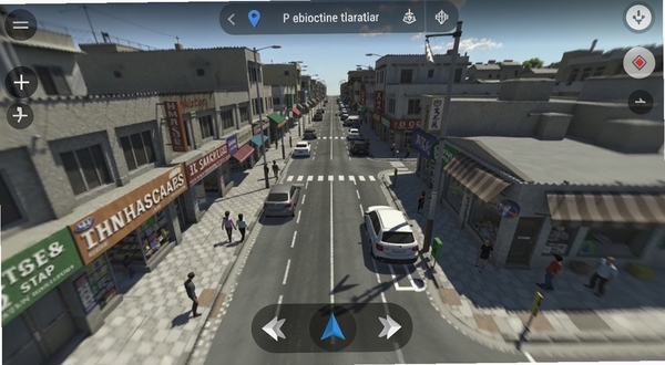 3D卫星高清街景地图 街景模式界面 显示城市街道实景 有行人车辆和店铺招牌 屏幕下方有导航箭头 顶部有地点名称 真实感强