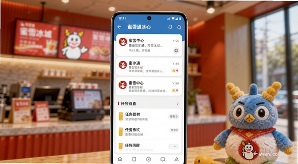 蜜雪通 消息通知与任务提醒界面展示图,画面主体为一部安卓手机位于画面中央,手机屏幕显示蜜雪通消息中心页面,包含多条通知卡片与任务待办列表,背景区域为蜜雪冰城门店内部场景虚化处理,画面右下角放置一个蜜雪冰城雪王玩偶,整体风格温馨活泼,高清写实,暖色调光影,横向构图