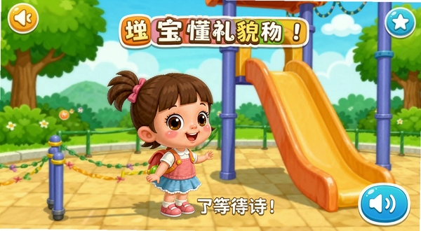 宝宝懂礼貌场景化教学界面,卡通小女孩在公园里排队等待滑滑梯,旁边有提示文字和语音按钮,画面色彩鲜艳,适合儿童教育软件展示