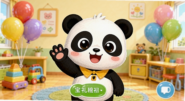 宝宝懂礼貌软件主界面展示,画面中央是可爱的卡通熊猫宝宝正在向小朋友挥手问好,背景是温馨的幼儿园教室场景,周围有彩色气球和玩具,整体风格明亮活泼,适合儿童教育类软件宣传图