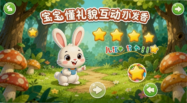 宝宝懂礼貌互动小游戏界面,卡通小兔子在森林里迷路,小朋友点击屏幕帮助小兔子,画面上有星星奖励和鼓励文字,适合儿童教育软件宣传