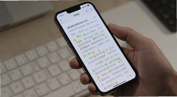 域动星辰 智能排版功能 手机屏幕显示文章段落自动对齐 标点符号高亮标注 背景为柔和浅色 突出编辑效率与精准度