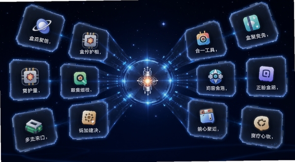 盒聚变多合一工具聚合功能展示图,画面中多个功能卡片从中心向四周展开,每张卡片上有不同的工具图标,背景为深蓝色星空渐变,卡片带有微光边框,整体呈现科技感与秩序感