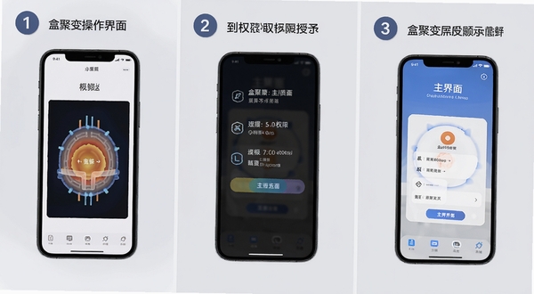 盒聚变操作界面步骤示意图,画面展示手机屏幕从安装到权限授予再到主界面的三个连续画面,背景为柔和的浅灰色,每个步骤用数字标注,整体清晰易懂