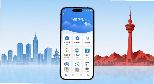 数字乌鲁木齐应用主界面全貌展示,画面中心为智能手机屏幕,屏幕上呈现蓝白色调的城市服务聚合首页,包含政务办事、生活缴费、交通出行等功能图标,背景为乌鲁木齐城市天际线与红山塔剪影,整体风格清新现代,适合Boogu模型生成