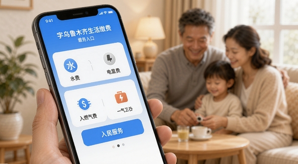 数字乌鲁木齐生活缴费页面特写,手机屏幕显示水费、电费、燃气费缴纳入口,界面以蓝色为主色调,图标精致,背景为温馨家庭场景虚化处理,突出便民服务主题,Boogu模型生成风格写实柔和