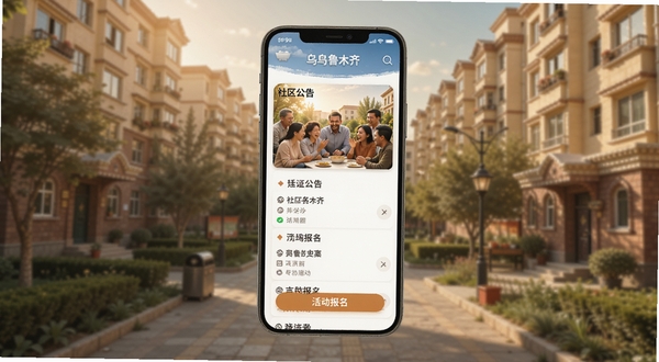 数字乌鲁木齐社区服务板块界面展示,手机屏幕呈现社区公告列表与活动报名按钮,背景为乌鲁木齐居民小区实景虚化,色调温暖,体现邻里互动氛围,Boogu模型生成