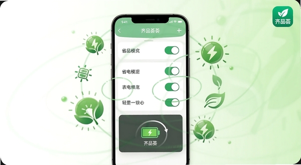 齐品荟省电模式设置界面示意图,画面主体为手机屏幕显示开关列表与电池图标,屏幕周围环绕绿色节能符号,背景为白色到浅绿色的柔和渐变,右上角有齐品荟小图标,整体风格清新,适配Boogu模型生成