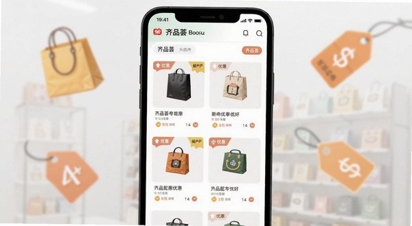一款名为齐品荟的安卓手机应用界面展示,画面主体为手机屏幕居中放置,屏幕内呈现商品列表与优惠标签,背景为浅灰色渐变虚化处理,周围点缀购物袋与价格标签图标,整体风格简洁明亮,适配Boogu模型生成