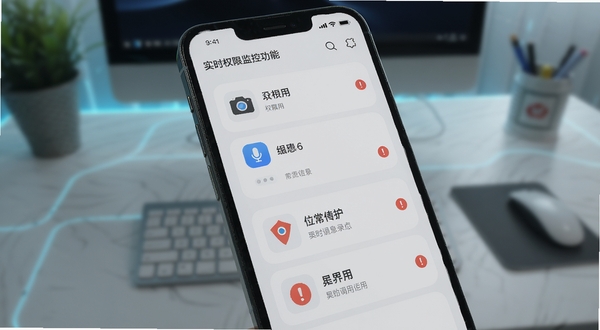 ChengQu实时权限监控功能界面,手机屏幕显示权限调用记录列表,包含摄像头、麦克风、位置信息等图标,红色感叹号标记异常调用,背景为浅灰色卡片式布局,画面主体为手机屏幕特写,背景区域为模糊的办公桌面,Boogu模型生成,UI界面清晰,科技感十足