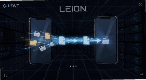 LEION文件传输功能界面,画面中央显示两台手机之间有一条发光的数据流连接,文件图标从一端飞向另一端,背景为深色科技网格,突出速度感与科技感