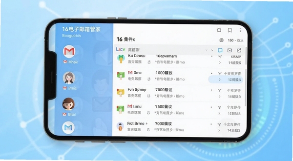 一款名为16电子邮箱管家的安卓应用主界面展示,画面主体位于中央区域,显示多个邮箱账号头像整齐排列在左侧边栏,右侧为收件箱列表,背景为浅蓝色渐变科技感风格,整体色调清爽简洁,适配Boogu模型生成