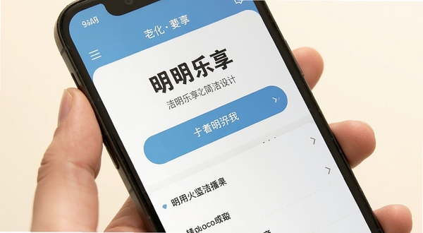 明明乐享简洁界面展示图,画面为手机屏幕特写显示大字版按钮和清晰菜单,背景为暖白色,体现明明乐享适老化设计