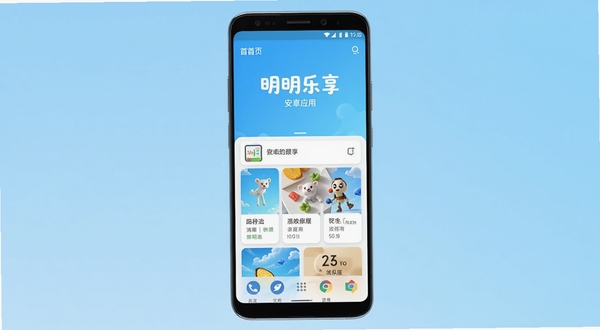 明明乐享安卓应用主界面截图,画面主体为一部居中放置的智能手机,屏幕中显示明明乐享清爽的首页布局,背景为浅蓝色渐变纯色区域,整体风格简洁明快,适配Boogu模型生成