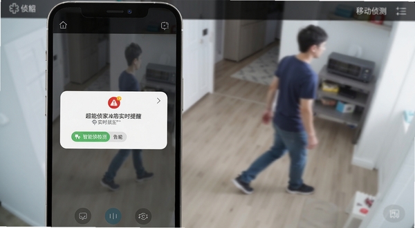 手机监控超清看家移动侦测告警功能界面,画面展示手机收到告警通知弹窗,背景为监控画面中有人影移动的示意,整体风格简洁明快,突出智能侦测与实时提醒
