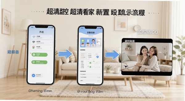 手机监控超清看家新手安装设置流程示意图,画面以步骤形式展示手机权限开启界面、设备连接界面与监控画面,背景为浅色家居环境,突出操作引导与避坑要点