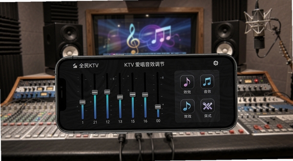 全民KTV爱唱音效调节面板展示,手机屏幕显示均衡器滑块和音效模式图标,背景为录音棚环境,专业音频设备点缀,科技感与音乐感结合