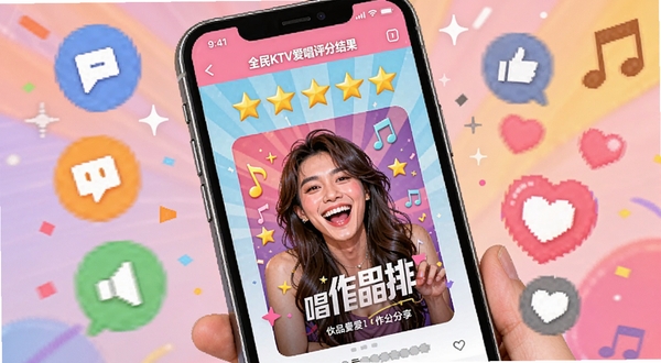 全民KTV爱唱评分结果与分享界面,手机屏幕显示五星评分和作品海报,周围有社交分享图标和点赞爱心元素,活泼明快的视觉风格